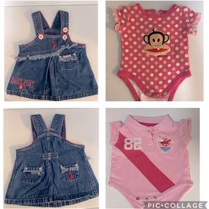 3 Baby Outfits 0-3 months- Baby Phat Jean dress, Polo and Paul Frank Onesies